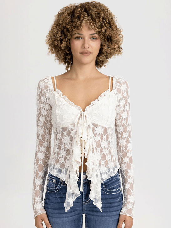Miss Me BMT0126L Womens Cropped Lace Cardigan With Ruffle Cream front view. If you need any assistance with this item or the purchase of this item please call us at five six one seven four eight eight eight zero one Monday through Saturday 10:00a.m EST to 8:00 p.m EST
