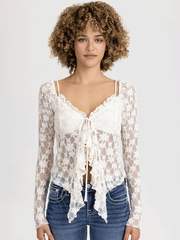 Miss Me BMT0126L Womens Cropped Lace Cardigan With Ruffle Cream front view. If you need any assistance with this item or the purchase of this item please call us at five six one seven four eight eight eight zero one Monday through Saturday 10:00a.m EST to 8:00 p.m EST
