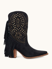 Dingo DI2357-BK Womens Star Power Suede Leather Bootie Black side view. If you need any assistance with this item or the purchase of this item please call us at five six one seven four eight eight eight zero one Monday through Saturday 10:00a.m EST to 8:00 p.m EST
