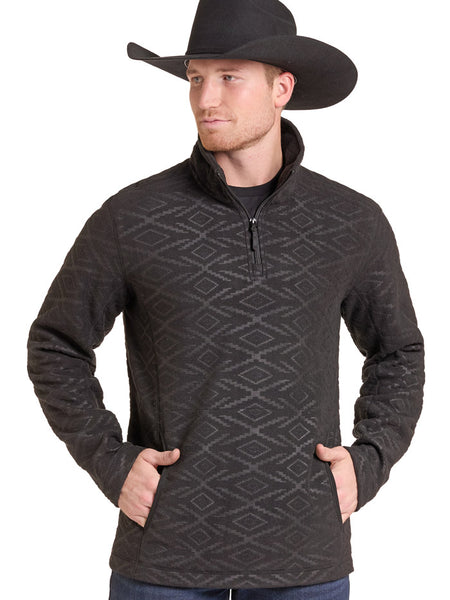A man wearing a black cowboy hat and a dark charcoal gray quarter-zip fleece pullover with a subtle geometric diamond pattern, posed against a solid white background. If you need any assistance with this item or the purchase of this item please call us at five six one seven four eight eight eight zero one Monday through Saturday 10:00a.m EST to 8:00 p.m EST