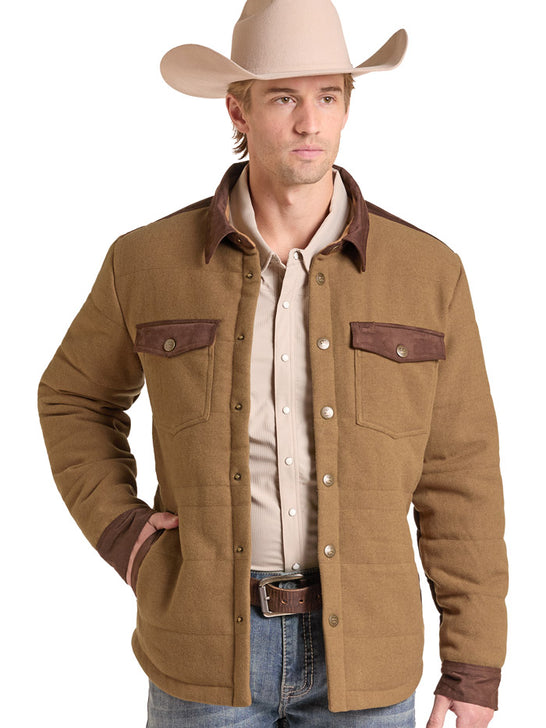 A man wearing a tan western-style button-up shirt jacket with dark brown contrast panels, a beige shirt, blue jeans, and a tan cowboy hat, photographed against a plain white background. If you need any assistance with this item or the purchase of this item please call us at five six one seven four eight eight eight zero one Monday through Saturday 10:00a.m EST to 8:00 p.m EST