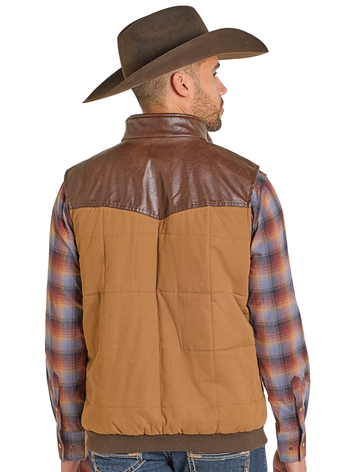 Panhandle DM98C06170 Mens Twill and Leather Puffer Lawman Vest Brown front view. If you need any assistance with this item or the purchase of this item please call us at five six one seven four eight eight eight zero one Monday through Saturday 10:00a.m EST to 8:00 p.m EST
