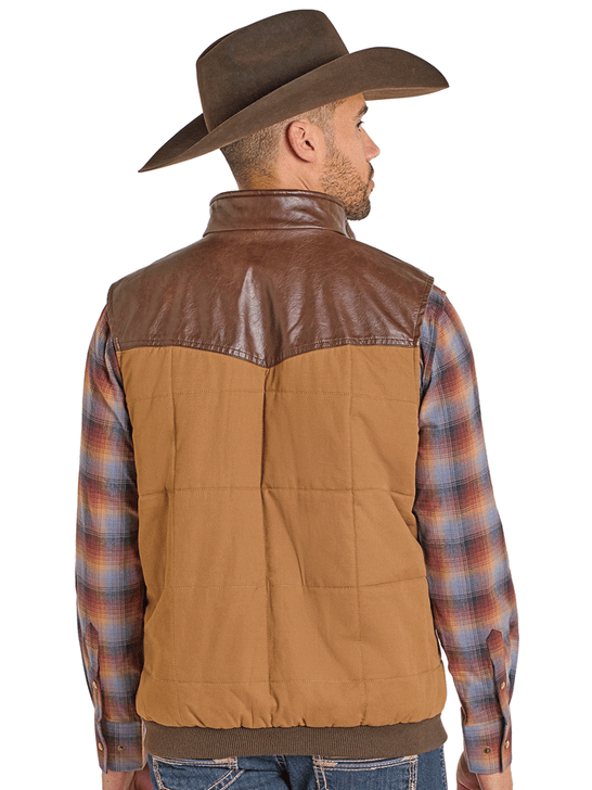 Panhandle DM98C06170 Mens Twill and Leather Puffer Lawman Vest Brown back view. If you need any assistance with this item or the purchase of this item please call us at five six one seven four eight eight eight zero one Monday through Saturday 10:00a.m EST to 8:00 p.m EST

