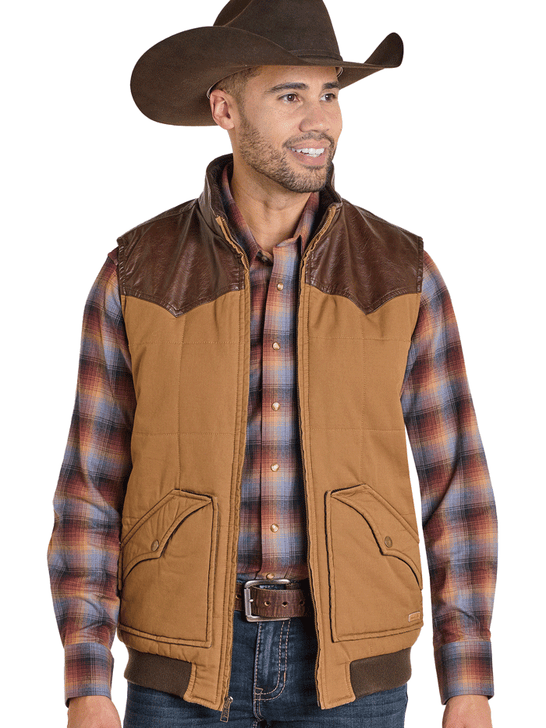 Panhandle DM98C06170 Mens Twill and Leather Puffer Lawman Vest Brown front view. If you need any assistance with this item or the purchase of this item please call us at five six one seven four eight eight eight zero one Monday through Saturday 10:00a.m EST to 8:00 p.m EST
