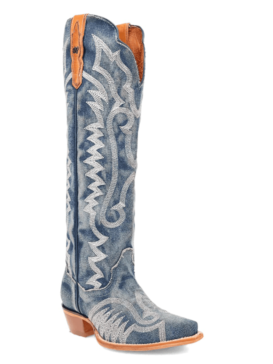 Dan Post DP5108 Womens DENIM DARLIN Snip Toe Boot Denim side / front view. If you need any assistance with this item or the purchase of this item please call us at five six one seven four eight eight eight zero one Monday through Saturday 10:00a.m EST to 8:00 p.m EST
