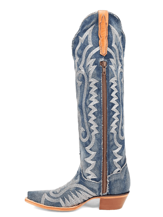 Dan Post DP5108 Womens DENIM DARLIN Snip Toe Boot Denim zipper side view. If you need any assistance with this item or the purchase of this item please call us at five six one seven four eight eight eight zero one Monday through Saturday 10:00a.m EST to 8:00 p.m EST