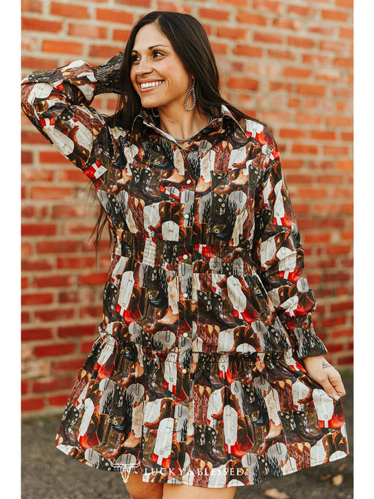 Lucky & Blessed DR600-BTS Womens Boots Printed Collared Ruffle Button Down Dress Brown front view. If you need any assistance with this item or the purchase of this item please call us at five six one seven four eight eight eight zero one Monday through Saturday 10:00a.m EST to 8:00 p.m EST

