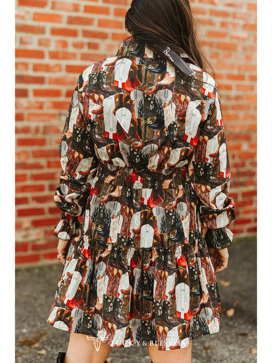 Lucky & Blessed DR600-BTS Womens Boots Printed Collared Ruffle Button Down Dress Brown back view. If you need any assistance with this item or the purchase of this item please call us at five six one seven four eight eight eight zero one Monday through Saturday 10:00a.m EST to 8:00 p.m EST