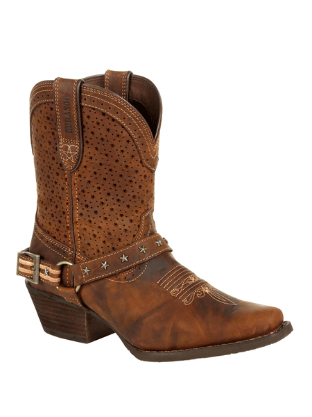 Durango DRD0375 Womens Crush Ventilated Shortie Boot Bomber Brown front and side view. If you need any assistance with this item or the purchase of this item please call us at five six one seven four eight eight eight zero one Monday through Saturday 10:00a.m EST to 8:00 p.m EST