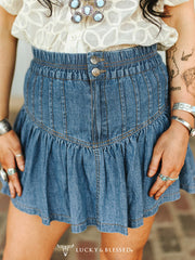 Lucky & Blessed DSK513-MW Womens Elastic Front Tie With Short Lining Skirt Denim front view. If you need any assistance with this item or the purchase of this item please call us at five six one seven four eight eight eight zero one Monday through Saturday 10:00a.m EST to 8:00 p.m EST
