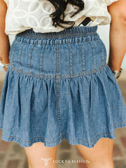 Lucky & Blessed DSK513-MW Womens Elastic Front Tie With Short Lining Skirt Denim back view. If you need any assistance with this item or the purchase of this item please call us at five six one seven four eight eight eight zero one Monday through Saturday 10:00a.m EST to 8:00 p.m EST