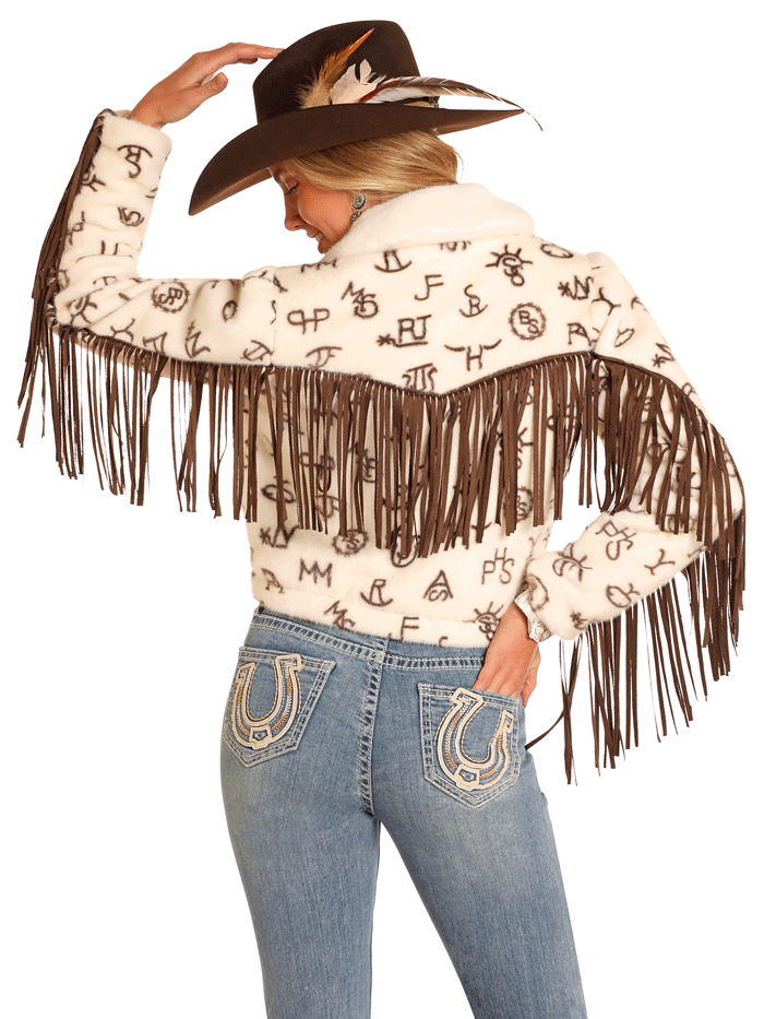 Panhandle DW92C04146 Womens Cattle Brand Fur Fringe Jacket Natural front. If you need any assistance with this item or the purchase of this item please call us at five six one seven four eight eight eight zero one Monday through Saturday 10:00a.m EST to 8:00 p.m EST