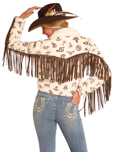 Panhandle DW92C04146 Womens Cattle Brand Fur Fringe Jacket Natural back. If you need any assistance with this item or the purchase of this item please call us at five six one seven four eight eight eight zero one Monday through Saturday 10:00a.m EST to 8:00 p.m EST