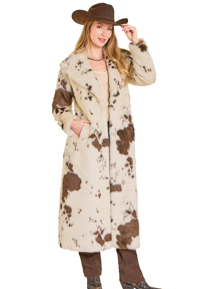 Panhandle DW92C04155 Womens Cow Print Long Fur Coat Natural