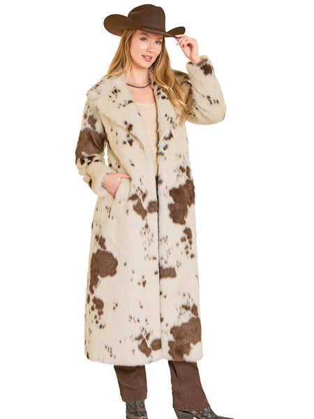 Panhandle DW92C04155 Womens Cow Print Long Fur Coat Natural