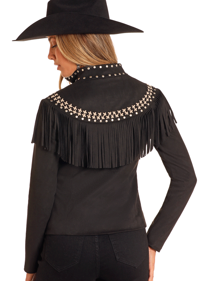 Panhandle DW92C04156 Womens Micro Suede Fringe Jacket Black front view. If you need any assistance with this item or the purchase of this item please call us at five six one seven four eight eight eight zero one Monday through Saturday 10:00a.m EST to 8:00 p.m EST

