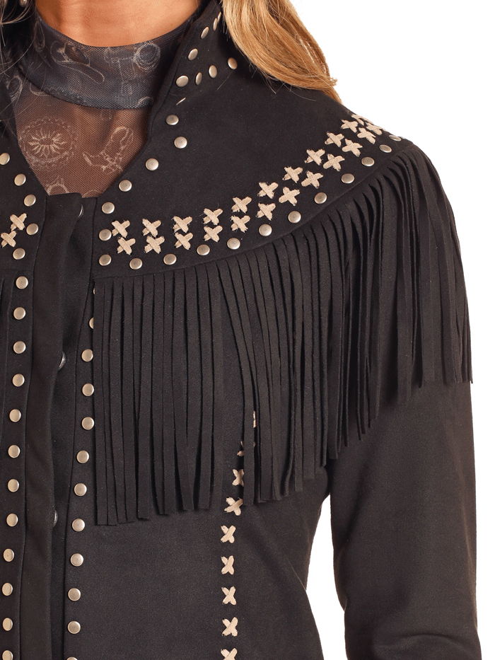 Panhandle DW92C04156 Womens Micro Suede Fringe Jacket Black front view. If you need any assistance with this item or the purchase of this item please call us at five six one seven four eight eight eight zero one Monday through Saturday 10:00a.m EST to 8:00 p.m EST

