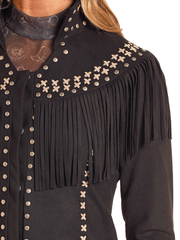 Panhandle DW92C04156 Womens Micro Suede Fringe Jacket Black yoke view. If you need any assistance with this item or the purchase of this item please call us at five six one seven four eight eight eight zero one Monday through Saturday 10:00a.m EST to 8:00 p.m EST

