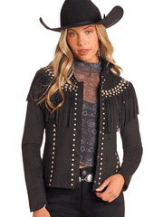 Panhandle DW92C04156 Womens Micro Suede Fringe Jacket Black front view. If you need any assistance with this item or the purchase of this item please call us at five six one seven four eight eight eight zero one Monday through Saturday 10:00a.m EST to 8:00 p.m EST

