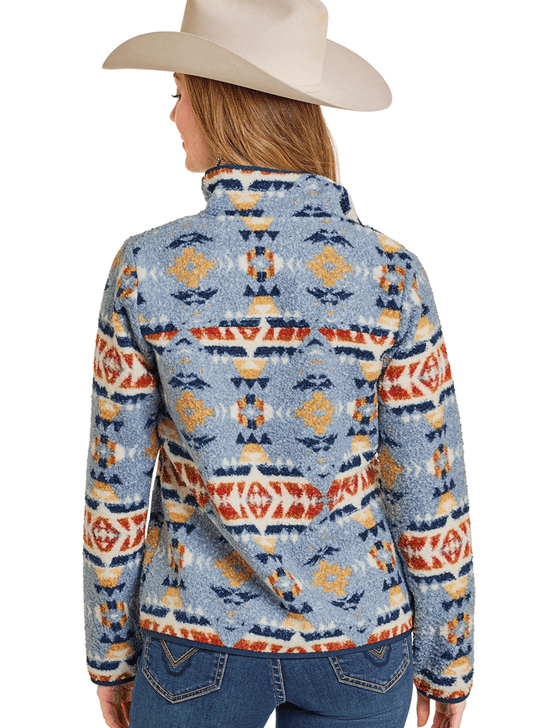 Panhandle DW92C06862 Womens Aztec Print Snap Berber Jacket Blue back view. If you need any assistance with this item or the purchase of this item please call us at five six one seven four eight eight eight zero one Monday through Saturday 10:00a.m EST to 8:00 p.m EST
