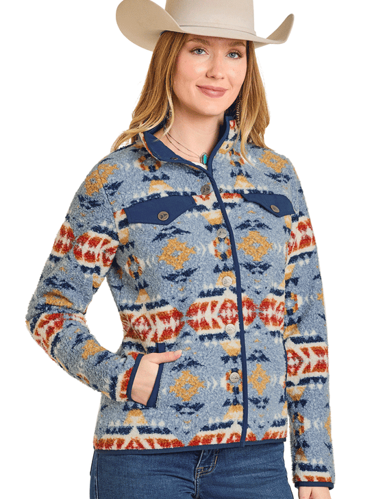 Panhandle DW92C06862 Womens Aztec Print Snap Berber Jacket Blue front view. If you need any assistance with this item or the purchase of this item please call us at five six one seven four eight eight eight zero one Monday through Saturday 10:00a.m EST to 8:00 p.m EST
