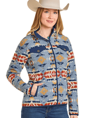 Panhandle DW92C06862 Womens Aztec Print Snap Berber Jacket Blue front view. If you need any assistance with this item or the purchase of this item please call us at five six one seven four eight eight eight zero one Monday through Saturday 10:00a.m EST to 8:00 p.m EST
