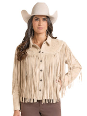 A woman wearing a beige western-style fringed button-up shirt with a matching cowboy hat, posed against a solid white background. If you need any assistance with this item or the purchase of this item please call us at five six one seven four eight eight eight zero one Monday through Saturday 10:00a.m EST to 8:00 p.m EST