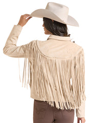 A woman shown from the back wearing a light beige fringed leather jacket, a matching cowboy hat, and brown pants, set against a plain white background. If you need any assistance with this item or the purchase of this item please call us at five six one seven four eight eight eight zero one Monday through Saturday 10:00a.m EST to 8:00 p.m EST