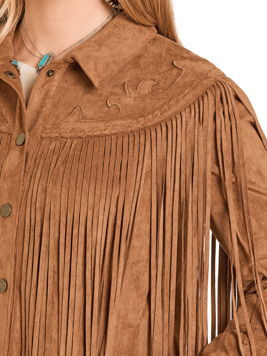 Panhandle DW92C06875 Womens Western Fringe Suede Jacket Copper Brown front close up. If you need any assistance with this item or the purchase of this item please call us at five six one seven four eight eight eight zero one Monday through Saturday 10:00a.m EST to 8:00 p.m EST