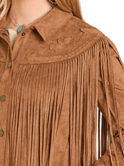Panhandle DW92C06875 Womens Western Fringe Suede Jacket Copper Brown front close up. If you need any assistance with this item or the purchase of this item please call us at five six one seven four eight eight eight zero one Monday through Saturday 10:00a.m EST to 8:00 p.m EST