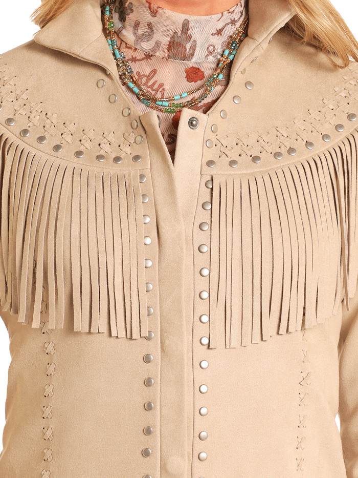 Panhandle DW93C04156 Womens Micro Suede Fringe Jacket Cream Natural front. If you need any assistance with this item or the purchase of this item please call us at five six one seven four eight eight eight zero one Monday through Saturday 10:00a.m EST to 8:00 p.m EST

