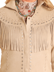 Panhandle DW93C04156 Womens Micro Suede Fringe Jacket Cream Natural front close up. If you need any assistance with this item or the purchase of this item please call us at five six one seven four eight eight eight zero one Monday through Saturday 10:00a.m EST to 8:00 p.m EST

