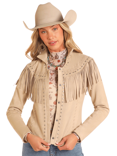 Panhandle DW93C04156 Womens Micro Suede Fringe Jacket Cream Natural front. If you need any assistance with this item or the purchase of this item please call us at five six one seven four eight eight eight zero one Monday through Saturday 10:00a.m EST to 8:00 p.m EST

