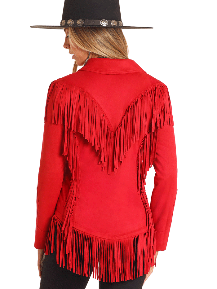 Panhandle DW93C04158 Womens Western Micro Suede Fringe Jacket Red front. If you need any assistance with this item or the purchase of this item please call us at five six one seven four eight eight eight zero one Monday through Saturday 10:00a.m EST to 8:00 p.m EST

