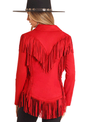 Panhandle DW93C04158 Womens Western Micro Suede Fringe Jacket Red back. If you need any assistance with this item or the purchase of this item please call us at five six one seven four eight eight eight zero one Monday through Saturday 10:00a.m EST to 8:00 p.m EST

