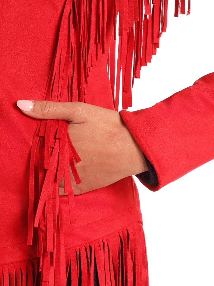 Panhandle DW93C04158 Womens Western Micro Suede Fringe Jacket Red front. If you need any assistance with this item or the purchase of this item please call us at five six one seven four eight eight eight zero one Monday through Saturday 10:00a.m EST to 8:00 p.m EST

