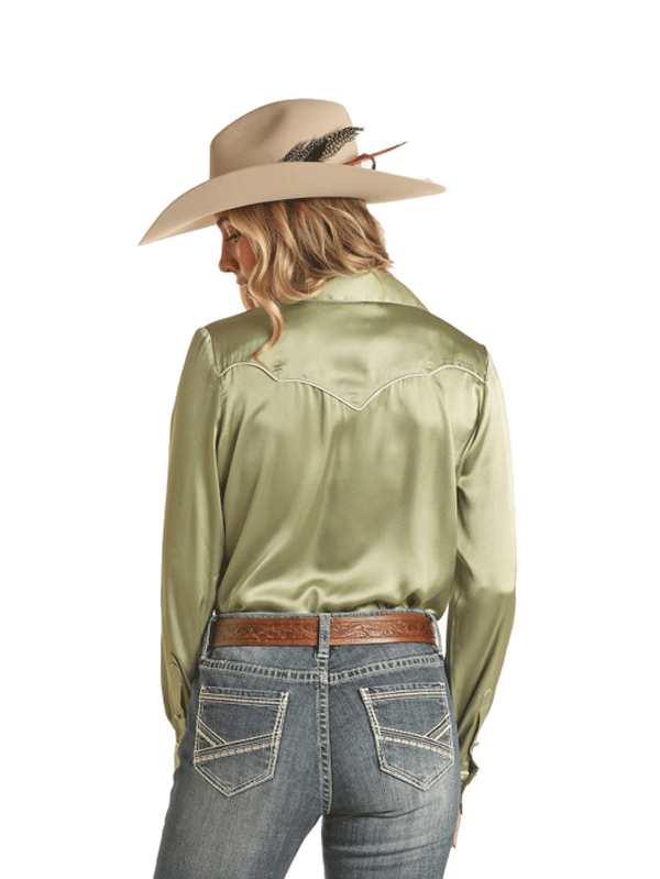 Rock & Roll Denim BWB2S02105 Womens Long Sleeve Satin Piping Shirt Jade front view on model. If you need any assistance with this item or the purchase of this item please call us at five six one seven four eight eight eight zero one Monday through Saturday 10:00a.m EST to 8:00 p.m EST