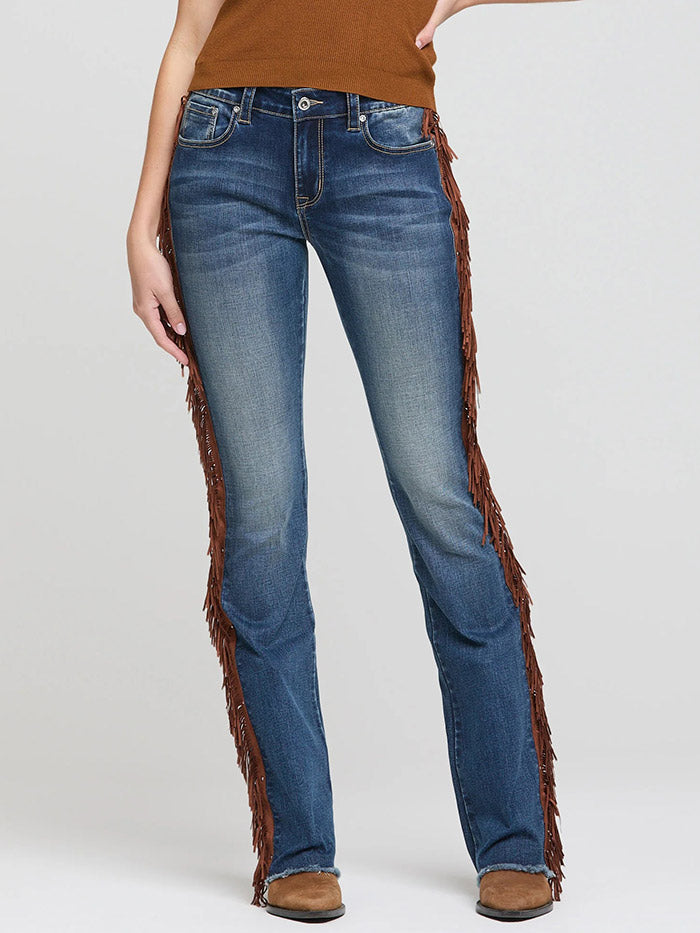 Grace In LA EB-S931 Womens Tassel Trims Bootcut Jeans Medium Blue Wash side view. If you need any assistance with this item or the purchase of this item please call us at five six one seven four eight eight eight zero one Monday through Saturday 10:00a.m EST to 8:00 p.m EST