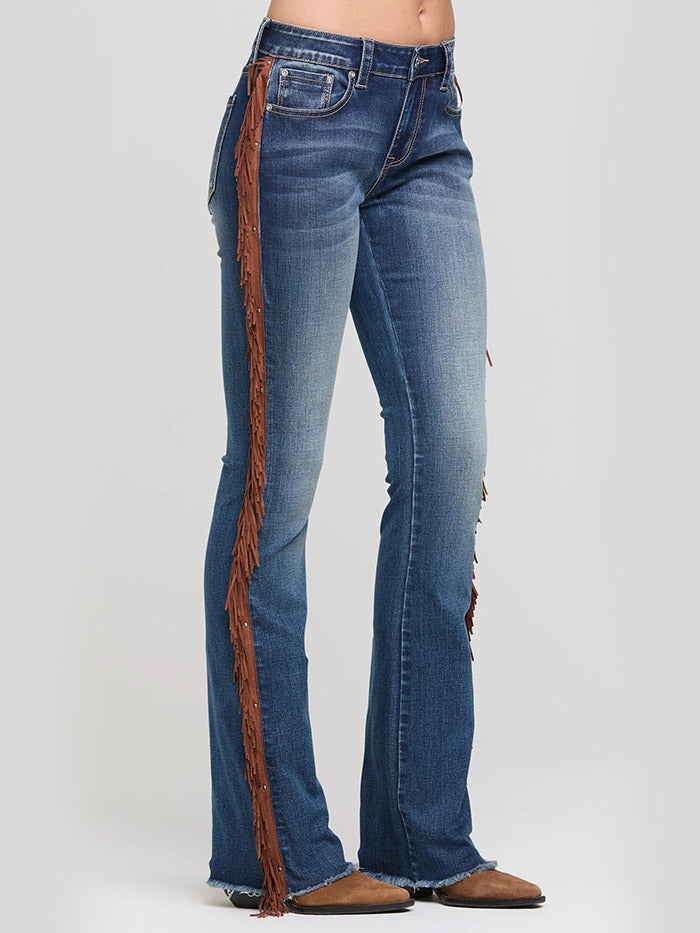 Grace In LA EB-S931 Womens Tassel Trims Bootcut Jeans Medium Blue Wash side view. If you need any assistance with this item or the purchase of this item please call us at five six one seven four eight eight eight zero one Monday through Saturday 10:00a.m EST to 8:00 p.m EST