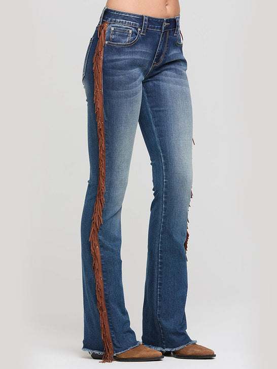 Grace In LA EB-S931 Womens Tassel Trims Bootcut Jeans Medium Blue Wash side view. If you need any assistance with this item or the purchase of this item please call us at five six one seven four eight eight eight zero one Monday through Saturday 10:00a.m EST to 8:00 p.m EST