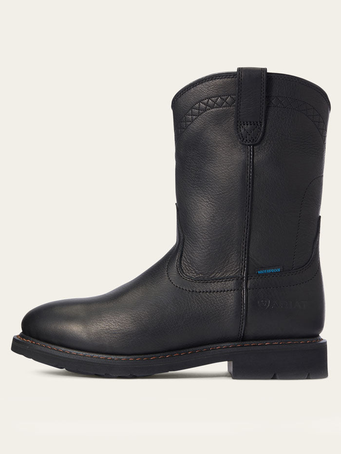 Ariat 10034142 Mens Sierra Waterproof Work Boot Black side / front view. If you need any assistance with this item or the purchase of this item please call us at five six one seven four eight eight eight zero one Monday through Saturday 10:00a.m EST to 8:00 p.m EST