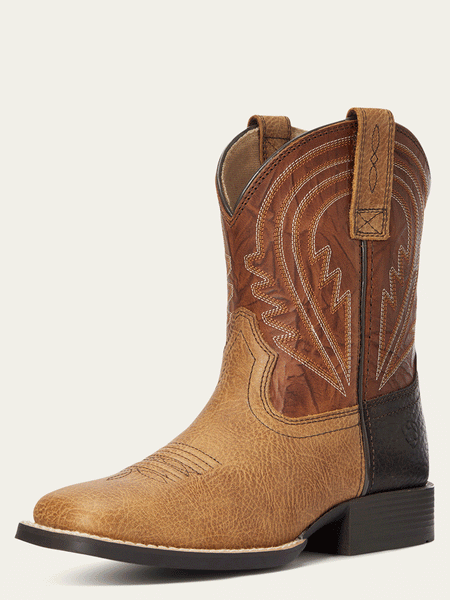 Ariat 10034069 Kids Lil' Hoss Western Boot Tan front and side view. If you need any assistance with this item or the purchase of this item please call us at five six one seven four eight eight eight zero one Monday through Saturday 10:00a.m EST to 8:00 p.m EST