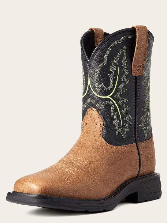 Ariat 10035884 Kids WorkHog XT Wide Square Toe Boot Tumbled Bark front and side view. If you need any assistance with this item or the purchase of this item please call us at five six one seven four eight eight eight zero one Monday through Saturday 10:00a.m EST to 8:00 p.m EST