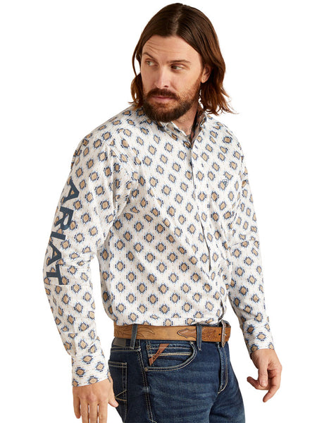 Ariat 10046328 Mens Team Warner Long Sleeve Shirt White side / front view. If you need any assistance with this item or the purchase of this item please call us at five six one seven four eight eight eight zero one Monday through Saturday 10:00a.m EST to 8:00 p.m EST