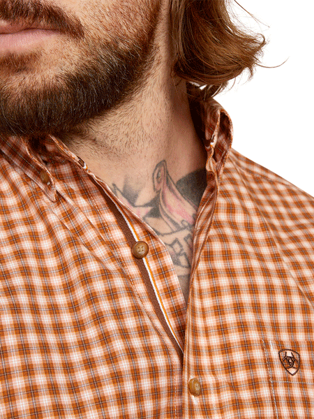 Ariat 10046521 Mens Pro Garrison Classic Long Sleeve Shirt Copper close up view of front collar. If you need any assistance with this item or the purchase of this item please call us at five six one seven four eight eight eight zero one Monday through Saturday 10:00a.m EST to 8:00 p.m EST