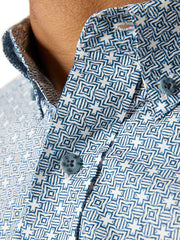 Ariat 10046527 Mens Gery Classic Fit Shirt Blue collar close up. If you need any assistance with this item or the purchase of this item please call us at five six one seven four eight eight eight zero one Monday through Saturday 10:00a.m EST to 8:00 p.m EST