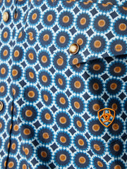 Ariat 10046529 Mens Gordy Classic Snap Long Sleeve Shirt Moonlit Ocean front pocket with logo close up. If you need any assistance with this item or the purchase of this item please call us at five six one seven four eight eight eight zero one Monday through Saturday 10:00a.m EST to 8:00 p.m EST