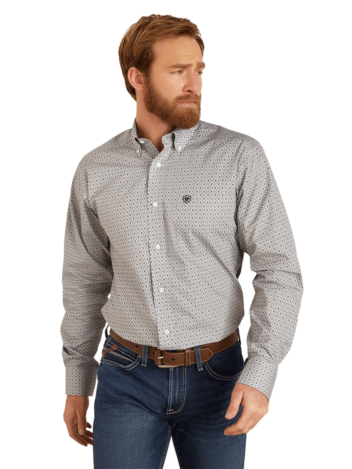 Ariat 10046553 Mens Wrinkle Free Fitted Val Long Sleeve Shirt Eileen Gray front view. If you need any assistance with this item or the purchase of this item please call us at five six one seven four eight eight eight zero one Monday through Saturday 10:00a.m EST to 8:00 p.m EST