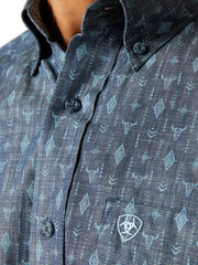 Ariat 10046752 Mens Graham Classic Fit Shirt Blue front view close up. If you need any assistance with this item or the purchase of this item please call us at five six one seven four eight eight eight zero one Monday through Saturday 10:00a.m EST to 8:00 p.m EST