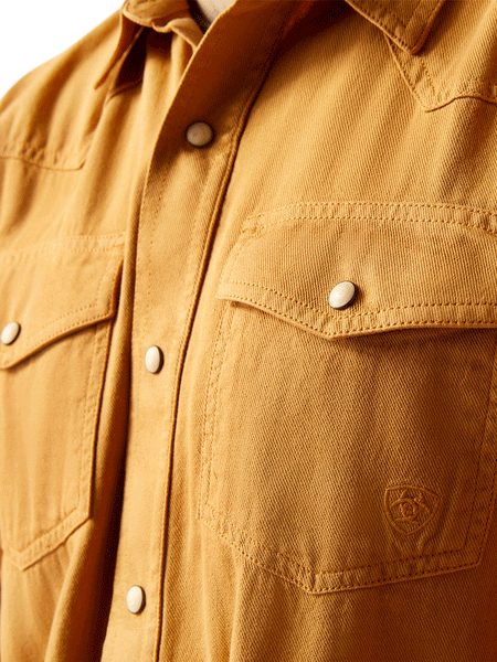 Ariat 10046820 Mens Jurlington Retro Snap Long Sleeve Shirt Comb Honey front pocket close up. If you need any assistance with this item or the purchase of this item please call us at five six one seven four eight eight eight zero one Monday through Saturday 10:00a.m EST to 8:00 p.m EST